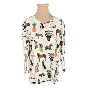 Foil Puppy Plant Pattern White Long Sleeve T-Shirt Sz M